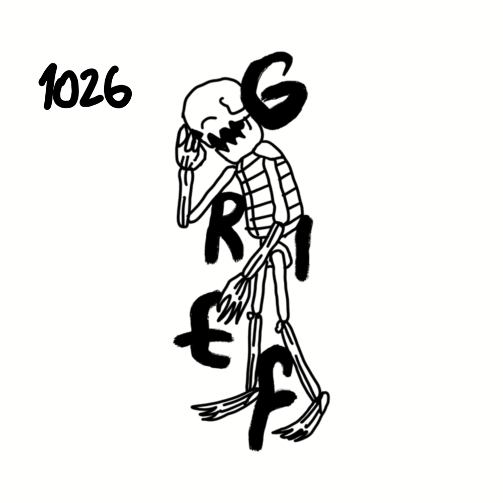 A black and white drawing of a skeleton with a big smile, sitting with one hand on its face. The skeleton has the words 'GRAFF' written vertically on its body, and the skeleton's head has '1026' written next to it.
