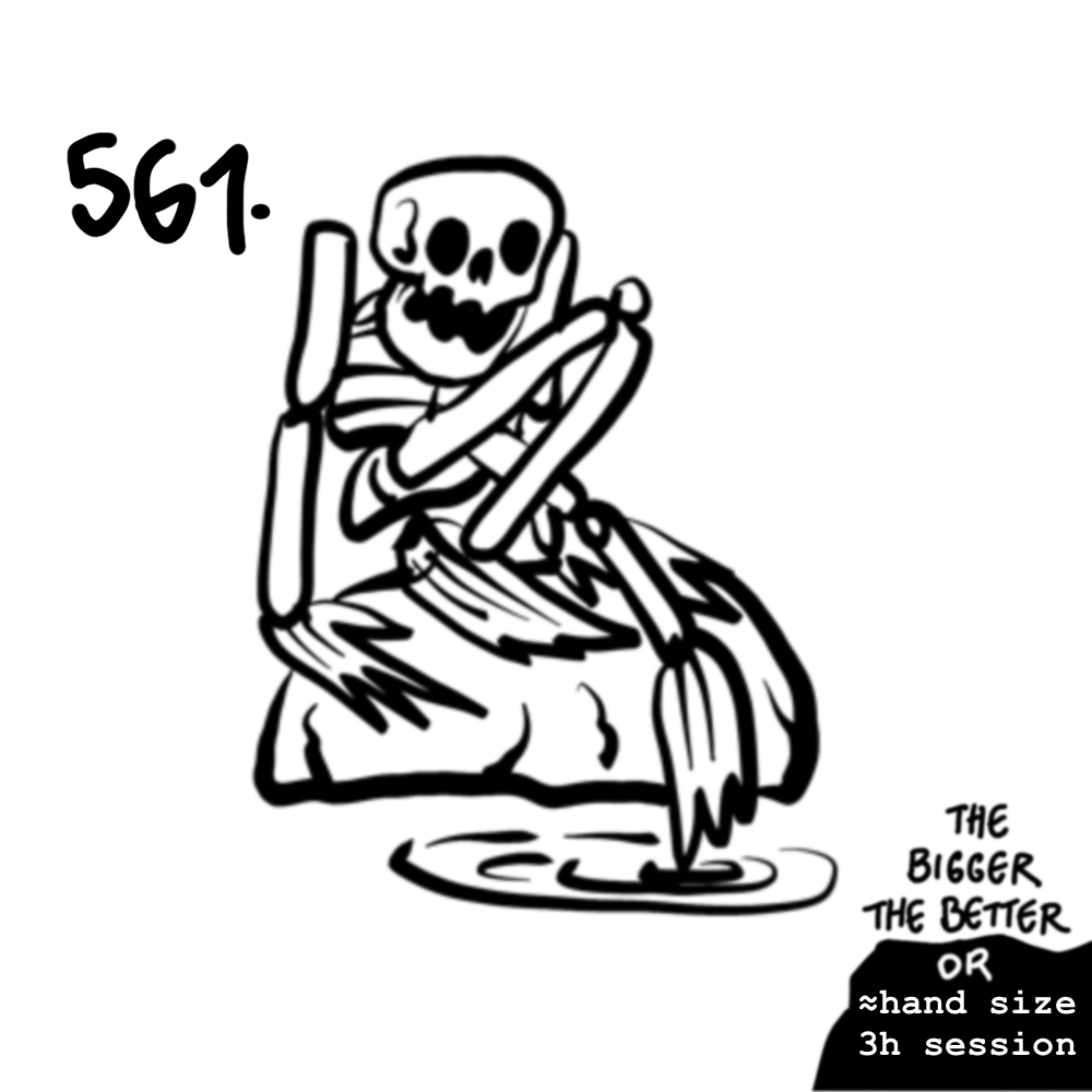 A cartoon skeleton sitting on a rock near water, with a hand drawn quote that says 'The bigger the better' and notes about hand size or a three-hour session.
