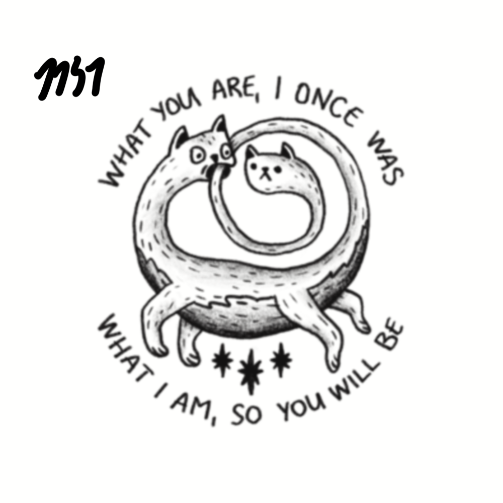 Drawing of two intertwined cats forming a circular shape with a quote: "What you are, I once was, what I am, so you will be" and the initials M51 in the top left corner.