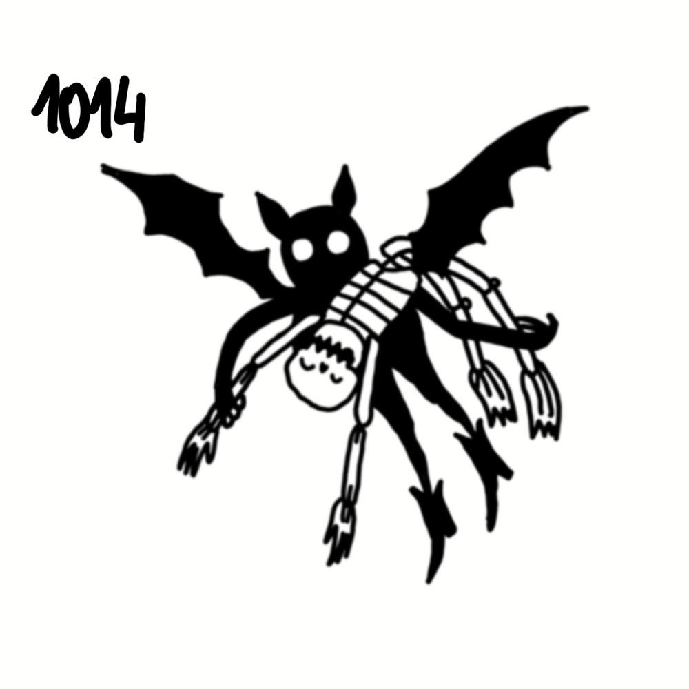 A black silhouette of a flying creature with wings, sharp claws, and a tail, holding a smaller insect in its claws, with the number 1014 written in the top left corner.