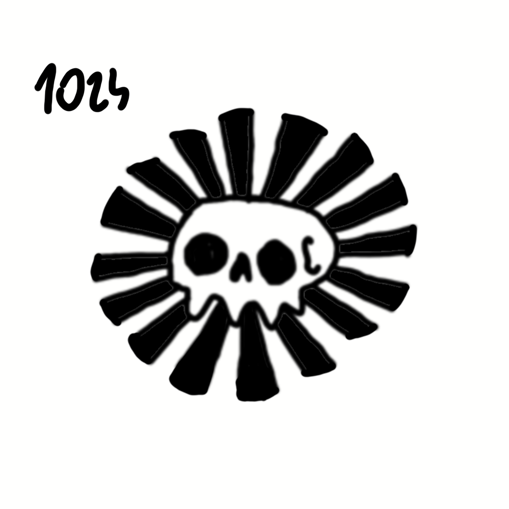 Black and white illustration of a skull with radiating lines, and the number 1024 written in the upper left corner.