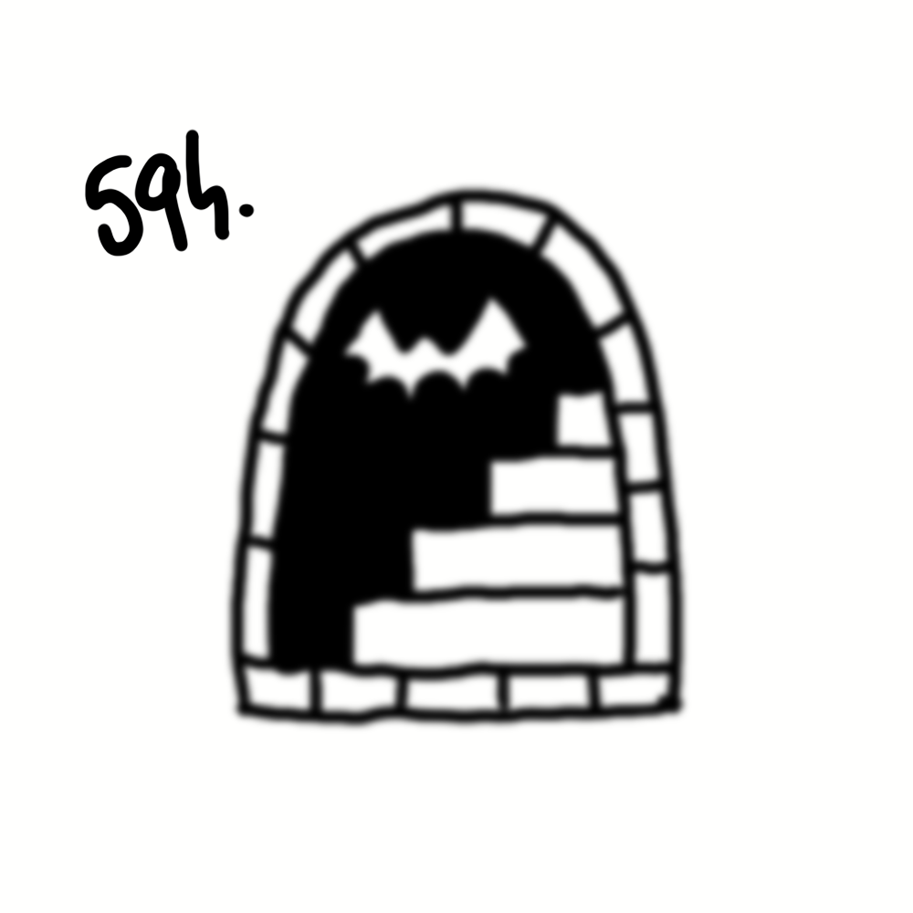 Black and white illustration of a staircase leading to a doorway with a bat symbol above, surrounded by a stone arch, with the number 594 written in the top left corner.