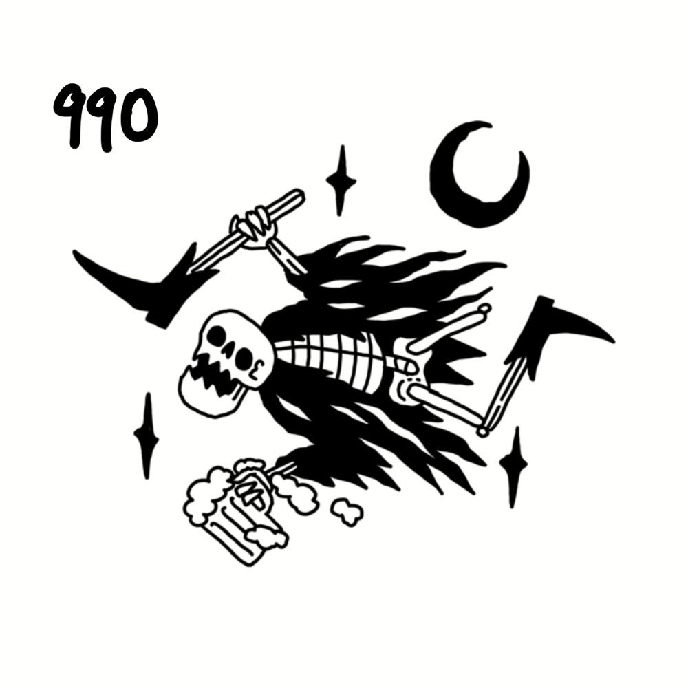 A black and white illustration of a skeleton with long hair holding an axe, surrounded by stars, a crescent moon, and a mug of beer with foam.