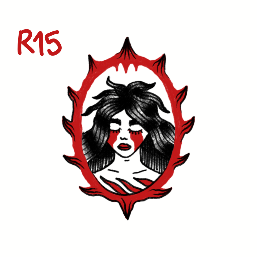 An illustration of a woman with closed eyes, long dark hair, and red tears running down her cheeks, surrounded by a red spiked oval frame. The text "R15" is in the top left corner.