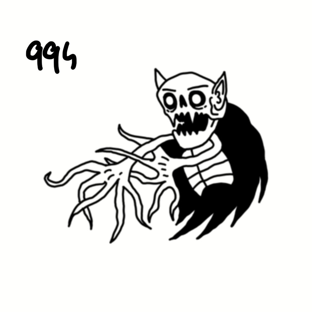 A black and white drawing of a creature with a skull face, pointed ears, and hair, holding a bunch of tree roots in one hand, with the number 995 written in the top left corner.
