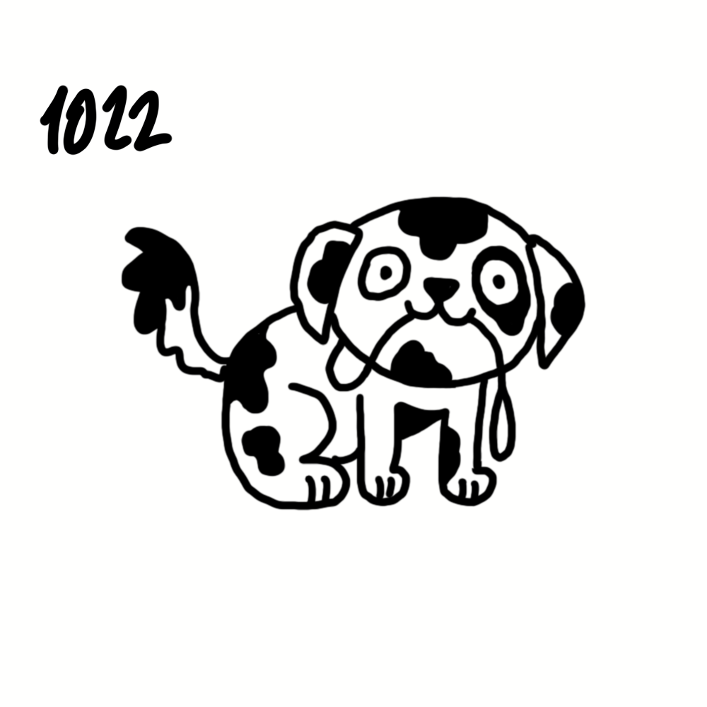 A black and white cartoon drawing of a sad puppy with spot patterns and a drooping expression.