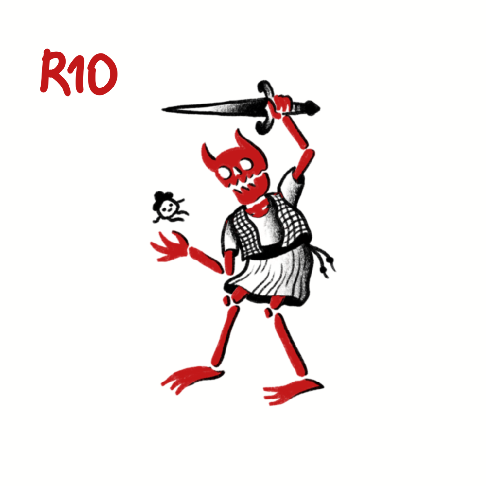 Drawing of a red skeleton with a devilish face holding a sword above its head, wearing a folk dress, with a small insect on its hand, and the text 'R10' in red at the top left corner.