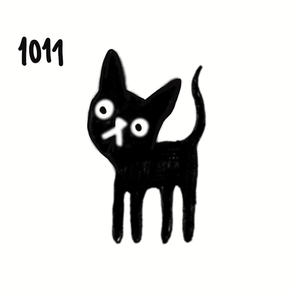 A black cartoon cat with a thin tail, wide eyes, and a white nose, standing against a white background with the number '1011' written in black in the upper left corner.