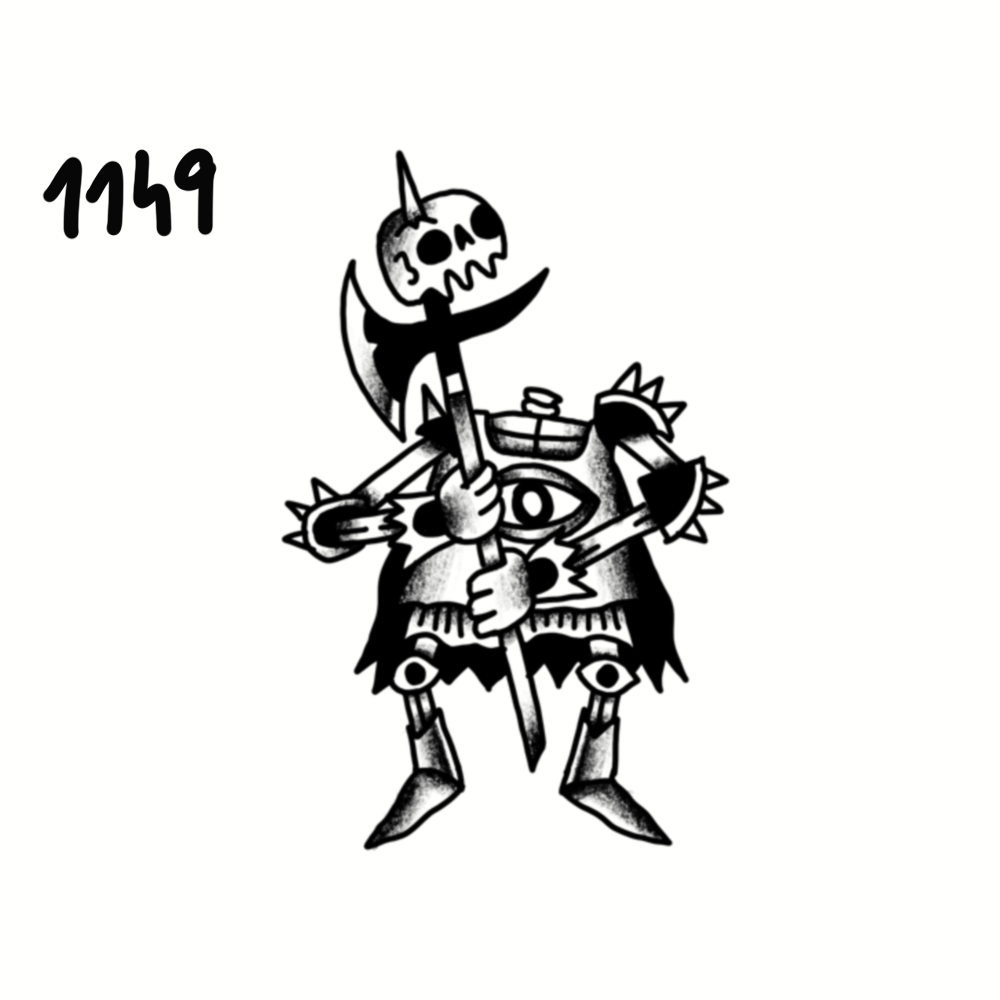 Black and white illustration of a warrior with a skeletal skull head, wearing armor with eye motifs, holding a spear in front of a tent adorned with eye symbols, with the number 1149 written in the top left corner.