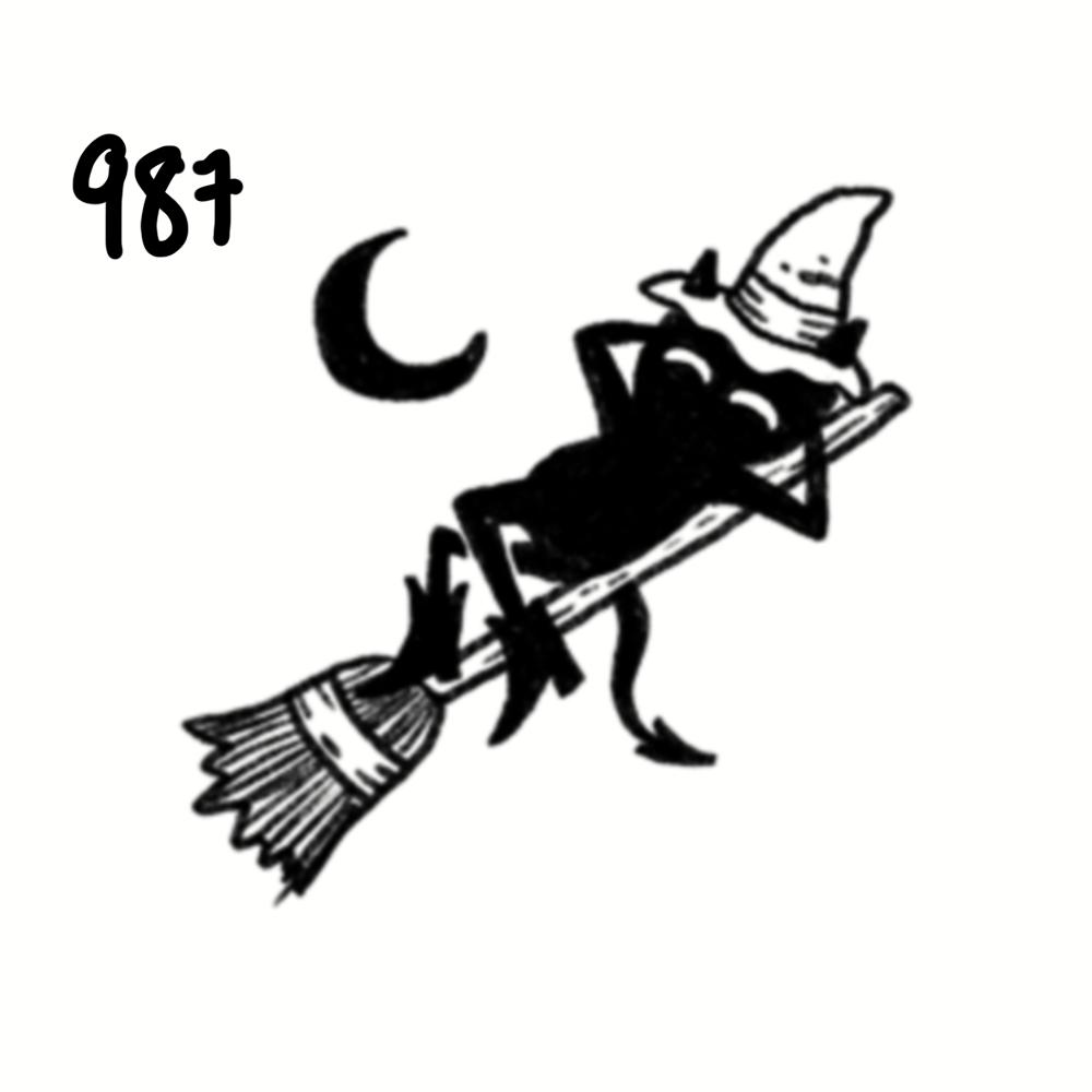 A cartoon witch flying on a broomstick with a crescent moon in the background.
