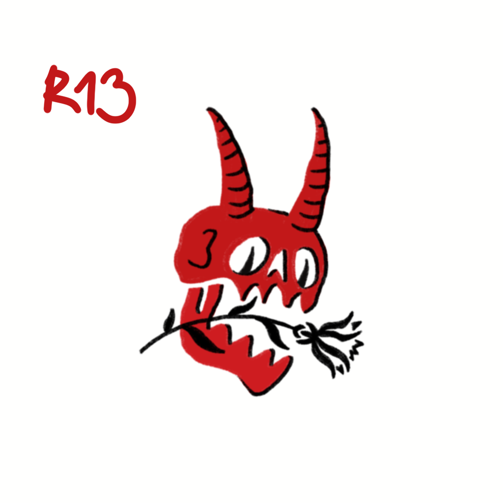 A red cartoonish devil head with horns holding a black star in its mouth and the words 'BAD' written across its face, with 'R13' written in red in the top left corner.