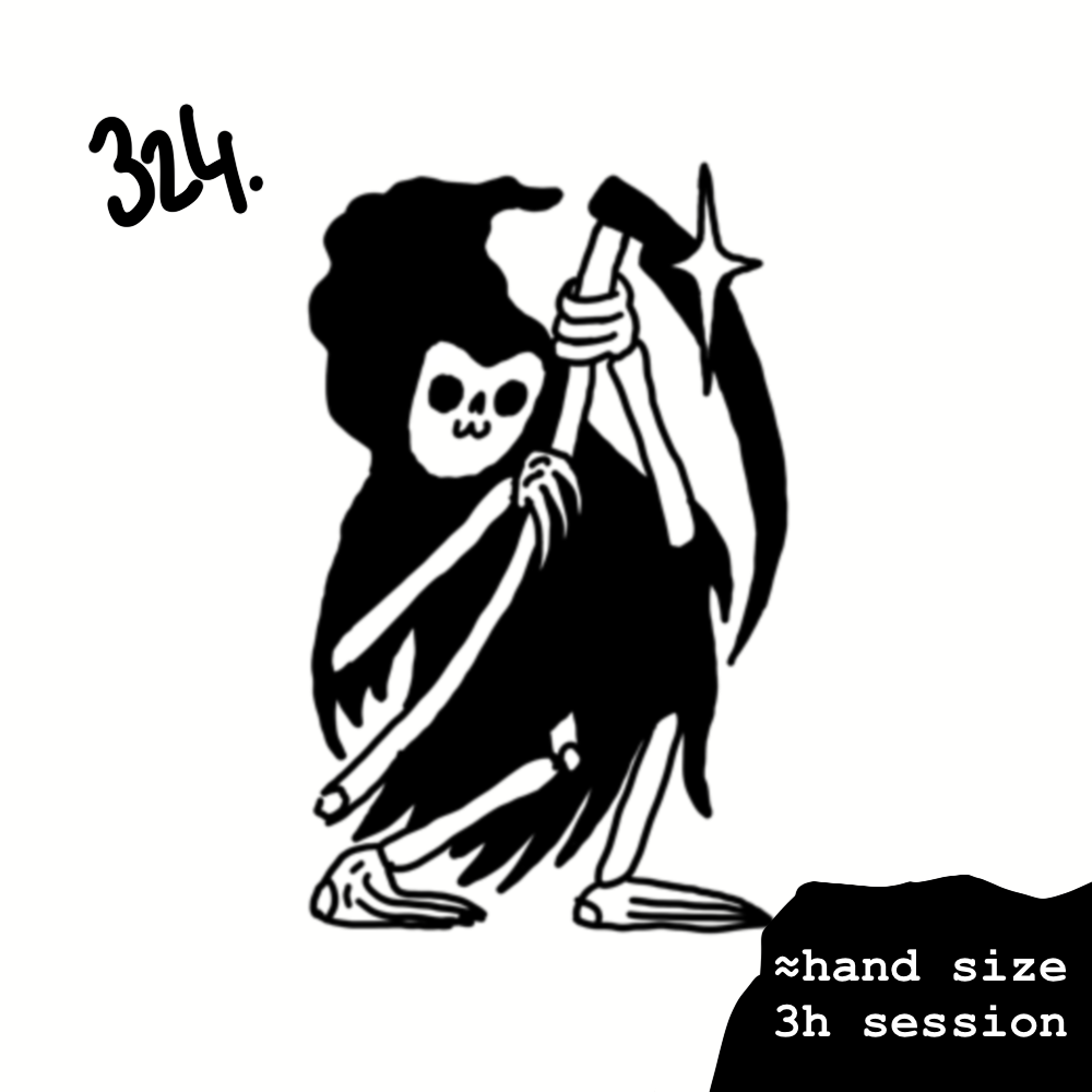 Black and white illustration of the Grim Reaper with a skeletal face, holding a scythe with both hands, standing next to a rock. The number '324.' is written in the top left corner, and a note at the bottom right indicates 'hand size 3h session.'