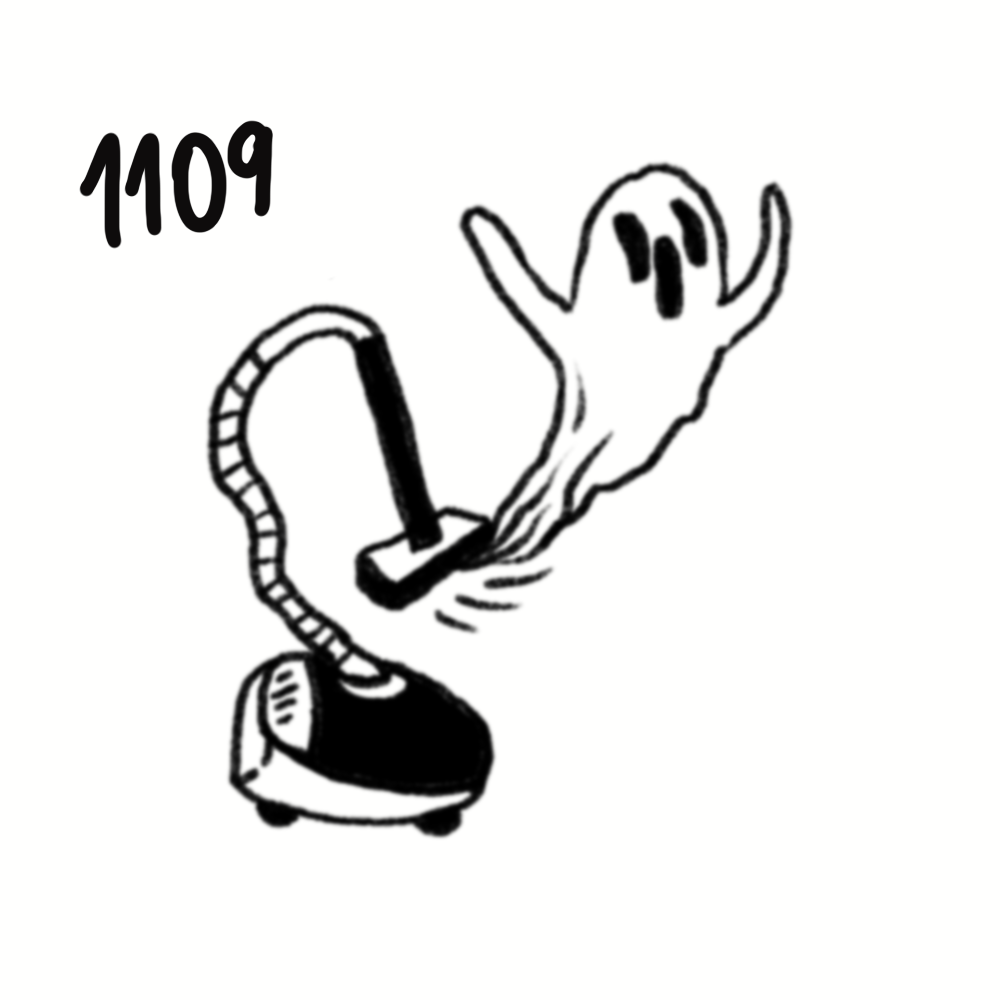 Black and white drawing of a ghostly figure with arms raised, emerging from a vacuum cleaner, with the number 1109 written nearby.