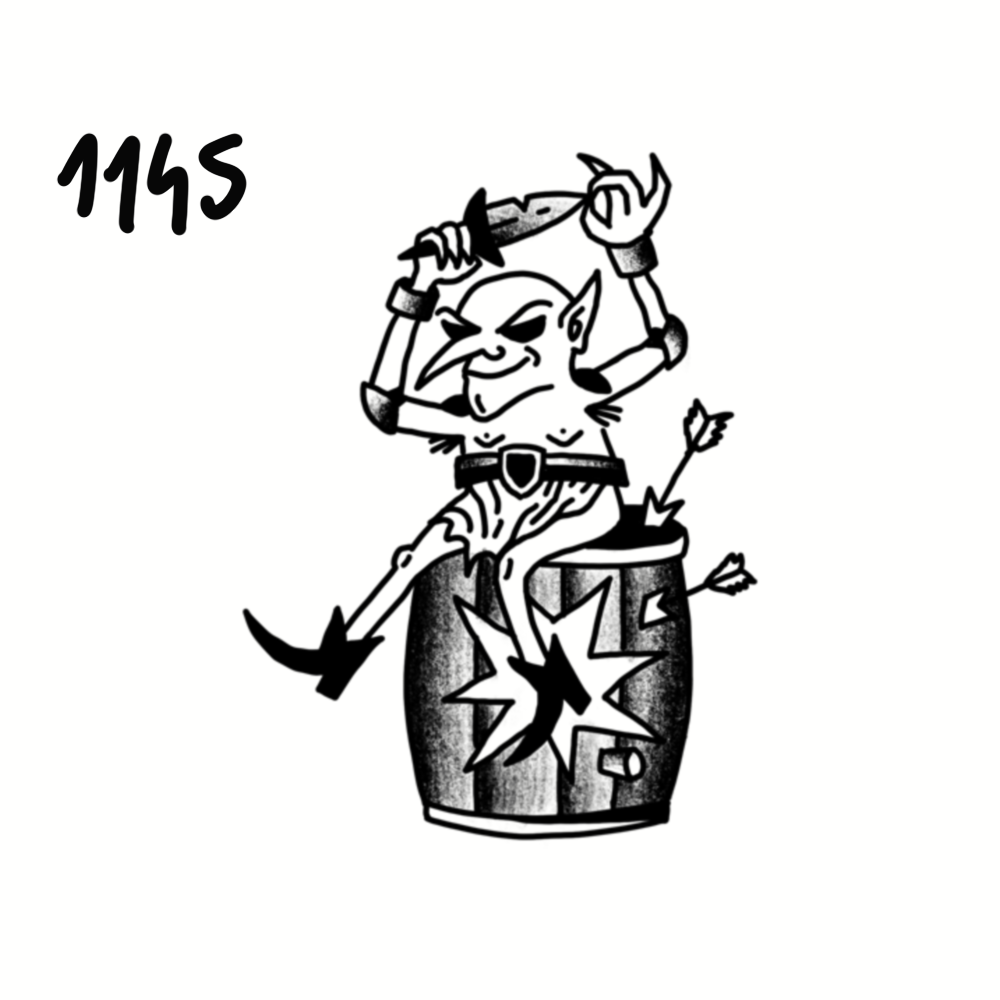 A cartoon goblin with pointed ears, sharp features, and an evil grin, holding a bomb in one hand and sitting in a destroyed barrel with a star-shaped explosion.
