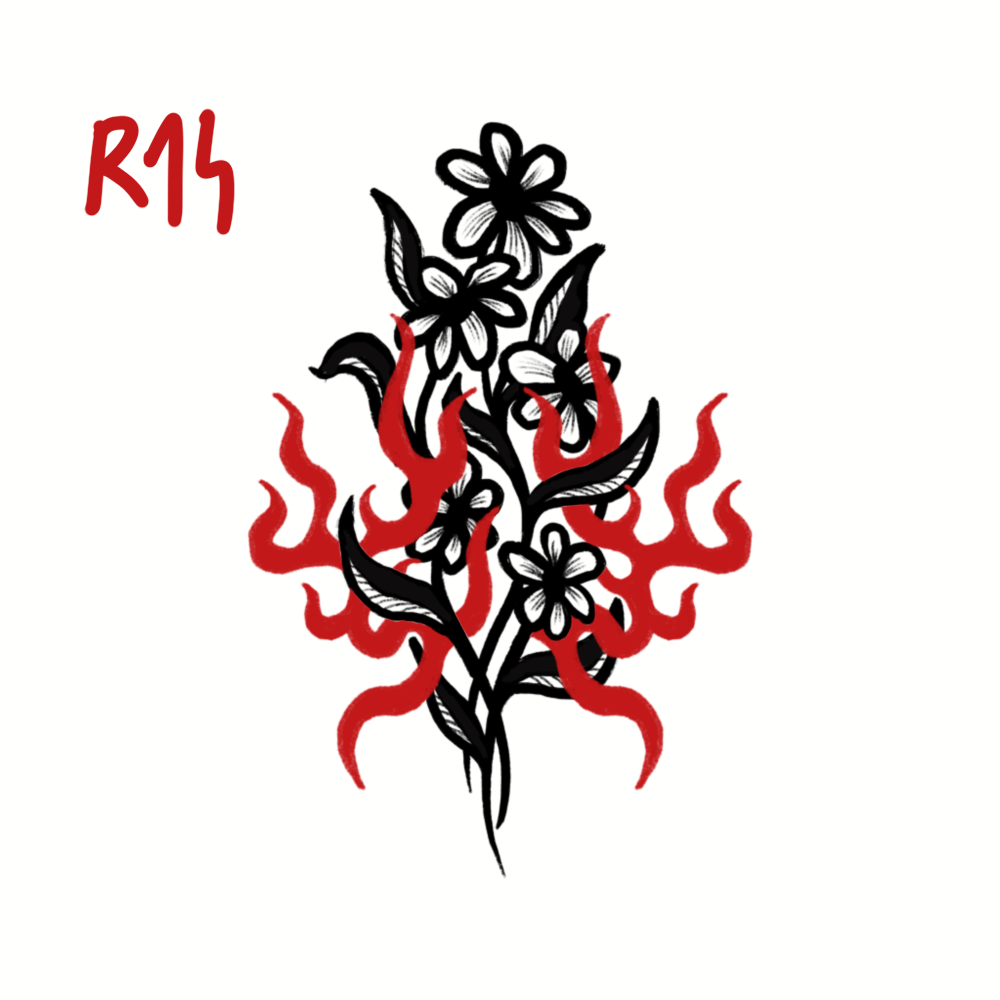 A black and white line drawing of flowers with red flames surrounding them, and the text 'R14' in red in the top left corner.