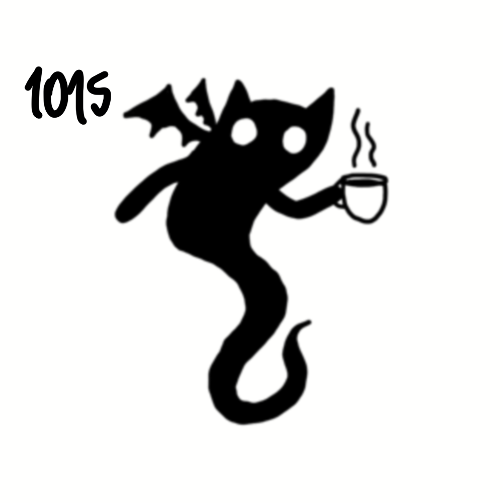 A black cartoon-style devil with wings, holding a steaming coffee mug and the text '1015' in the top left corner.