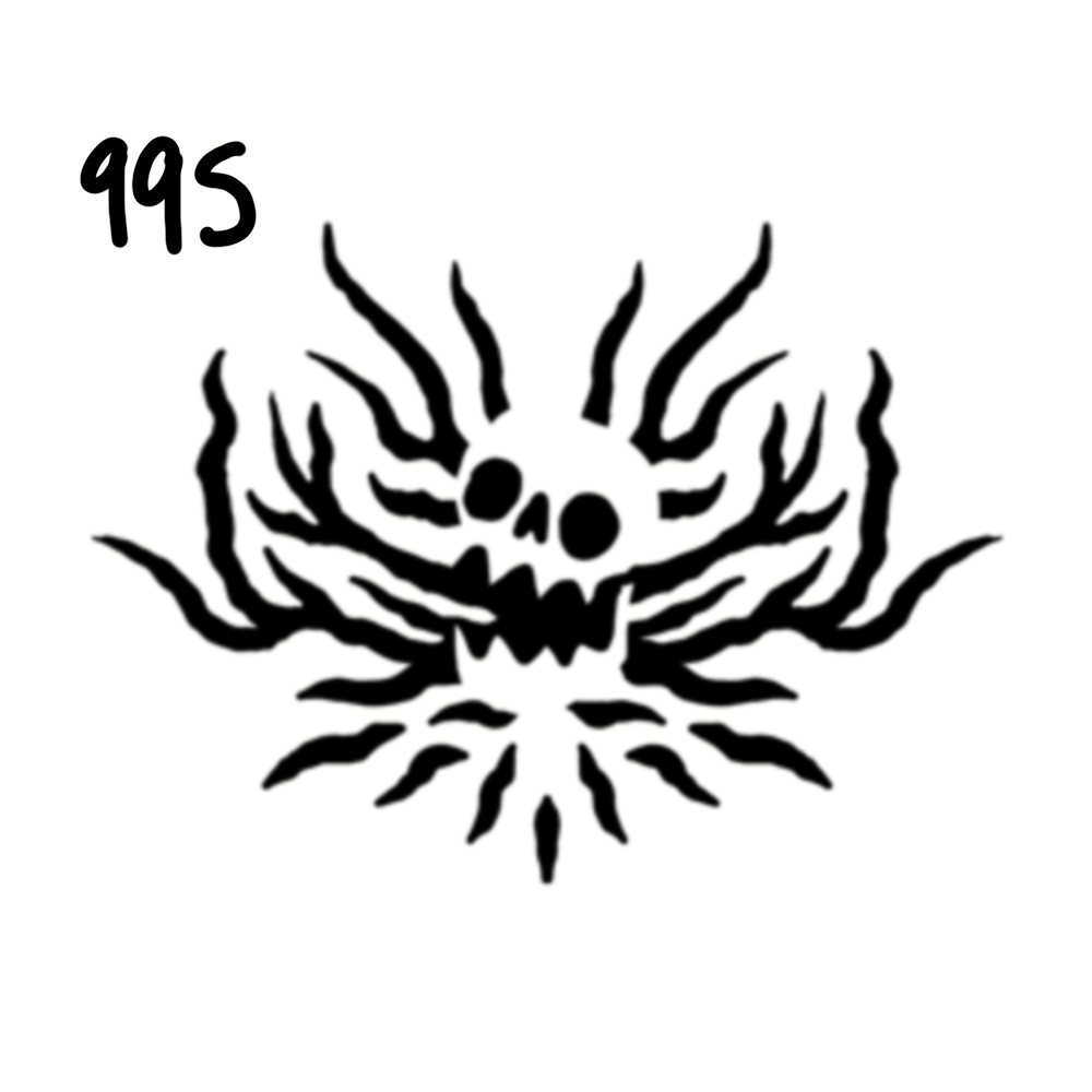 A black and white drawing of a spider with a skull-like face and multiple elongated legs, numbered 495 in the top left corner.