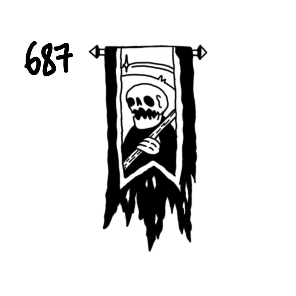 Black and white cartoon-style banner featuring a skull with a scythe inside a rectangular frame, with the number 687 written beside it.