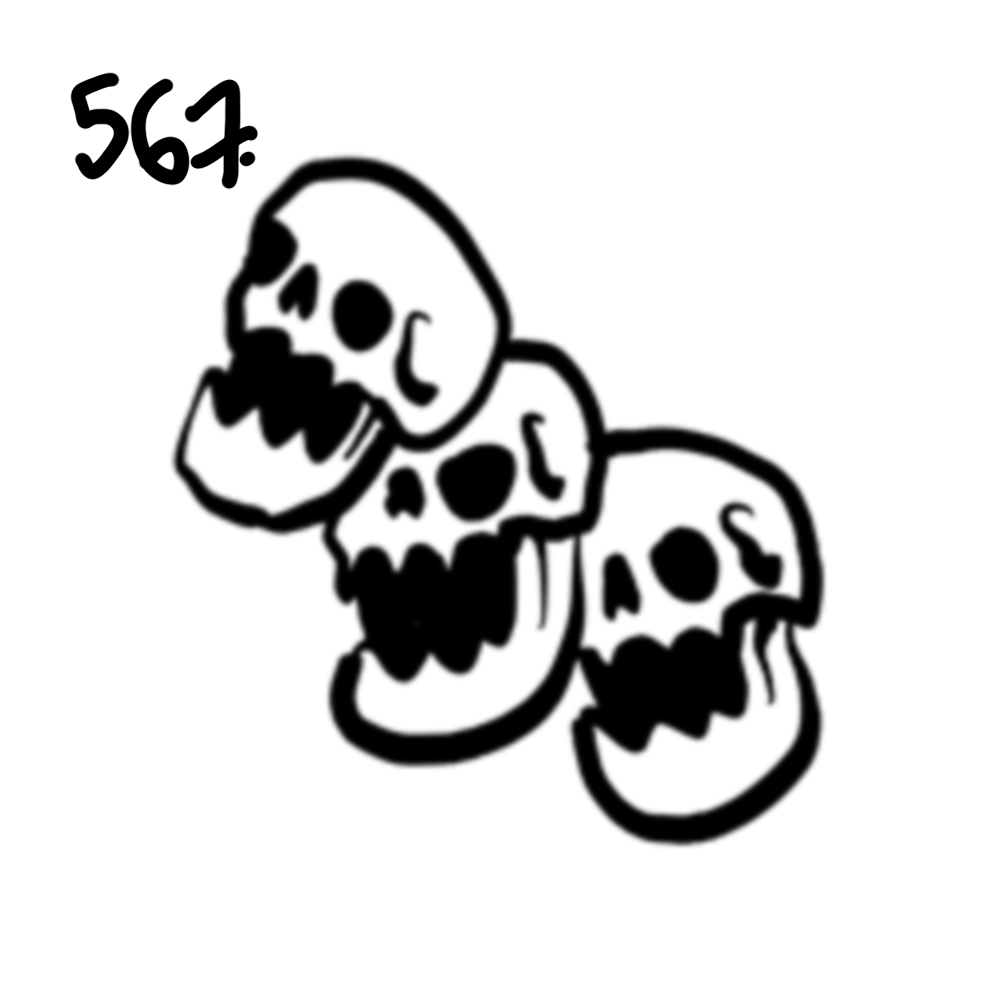 Three stacked cartoon skulls with hollow eyes and open mouths, with the word "54" written on the top skull.