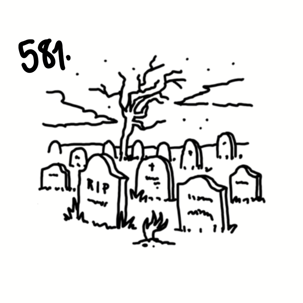 Black and white drawing of a graveyard with tombstones and a leafless, twisted tree with its branches extending outward.