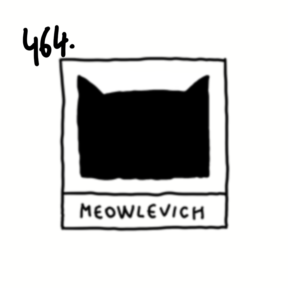 A black silhouette of a cat's head inside a photo frame, with the label 'MEOWLVEICH' at the bottom and the number '464' in the top left corner.