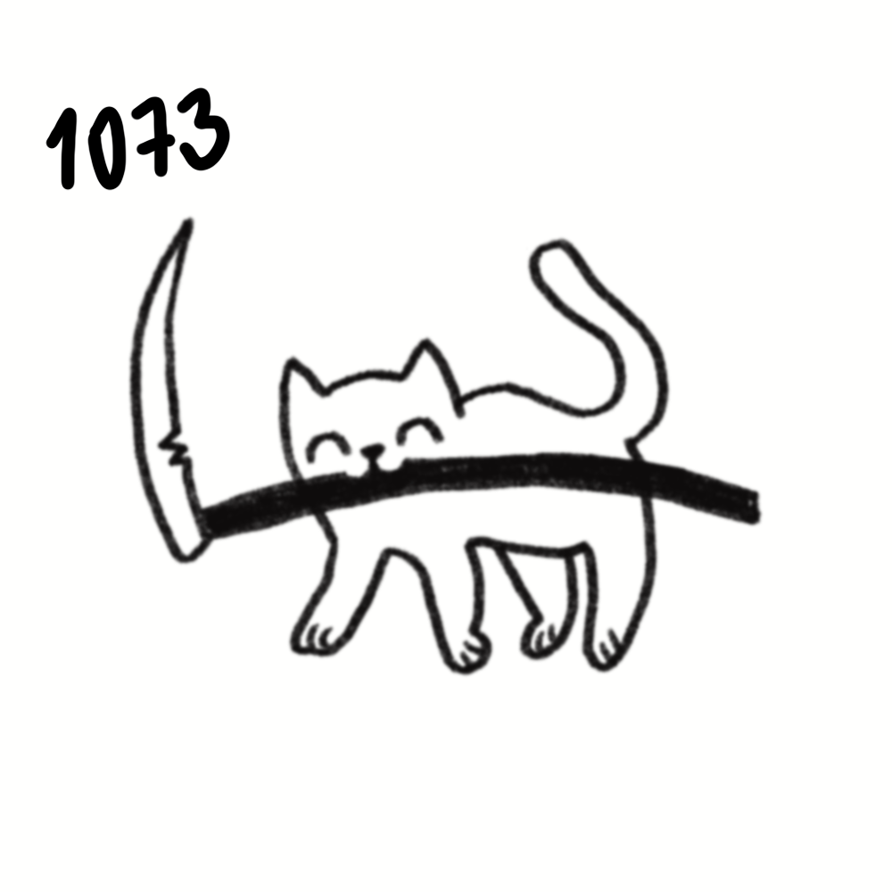 Cute smiling cat playing with a stick, with the numbers 1073 written in the top left corner.