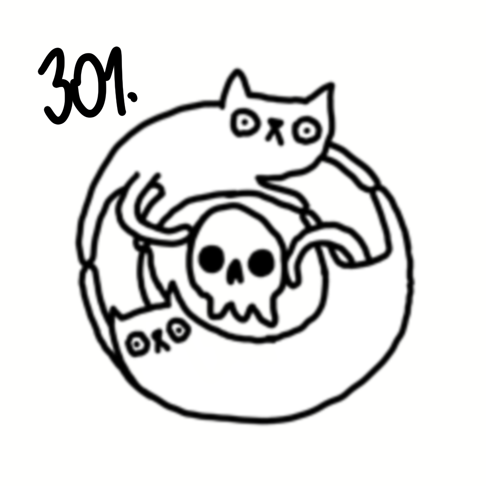 A black and white illustration of a cat curled around a skull with a snake wrapped around both, and the number 301 written in the top left corner.