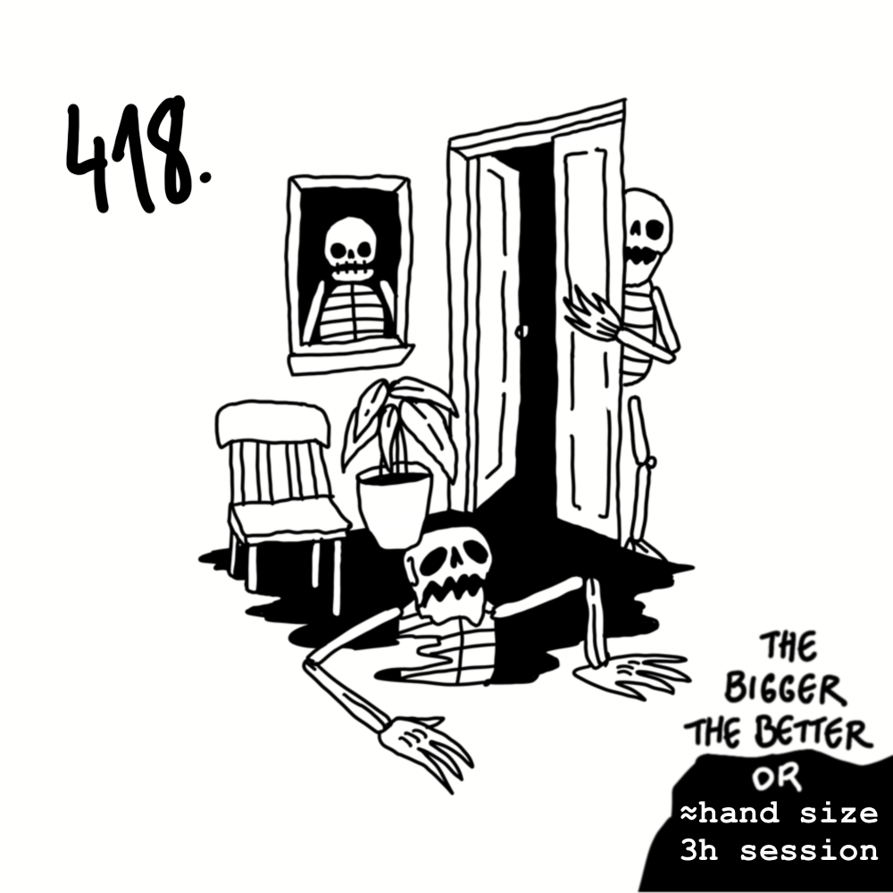 Black and white cartoon depicting skeletons and skulls in a room, with a skeleton partially hidden behind a door and another skeleton lying on the floor with an open mouth. There is a chair, a potted plant, and a framed skeleton picture on the wall. 