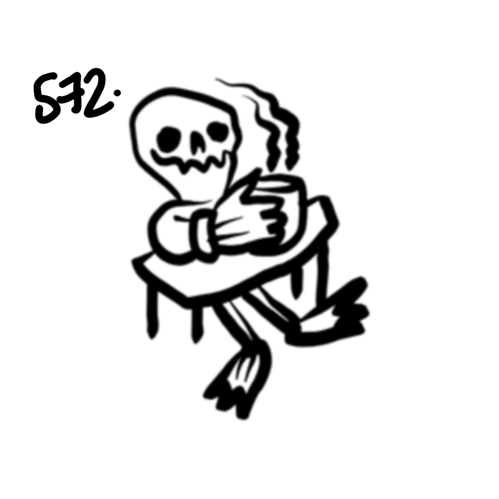 Cartoon skeleton sitting at a desk with a book, in black and white, with the number 512 written nearby.
