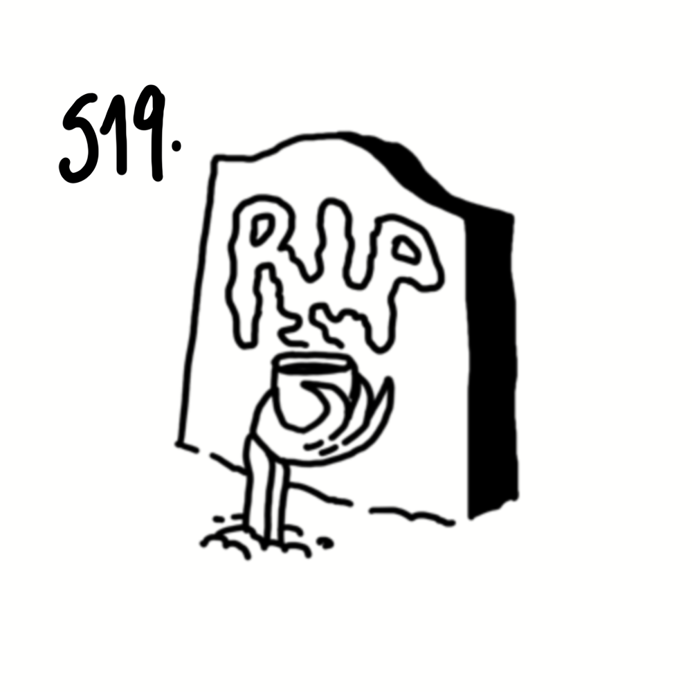 Black and white line drawing of a tombstone with the initials 'RIP' and a flickering candle in front of it, with the number '519' written nearby.