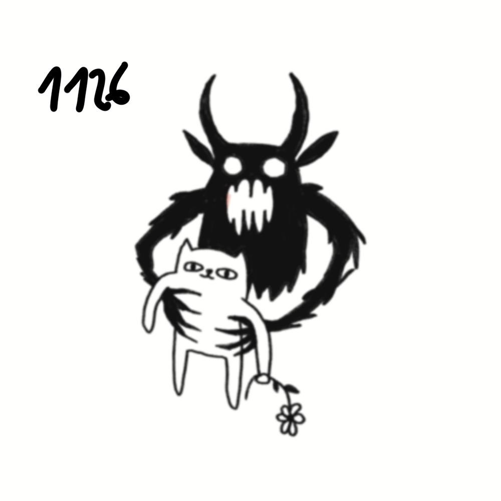 A black and white illustration of a mysterious creature with antlers and horns, glowing eyes, and sharp teeth, holding a cat with a sad facial expression and a small flower hanging from its tail, with the number 1126 written in the top left corner.