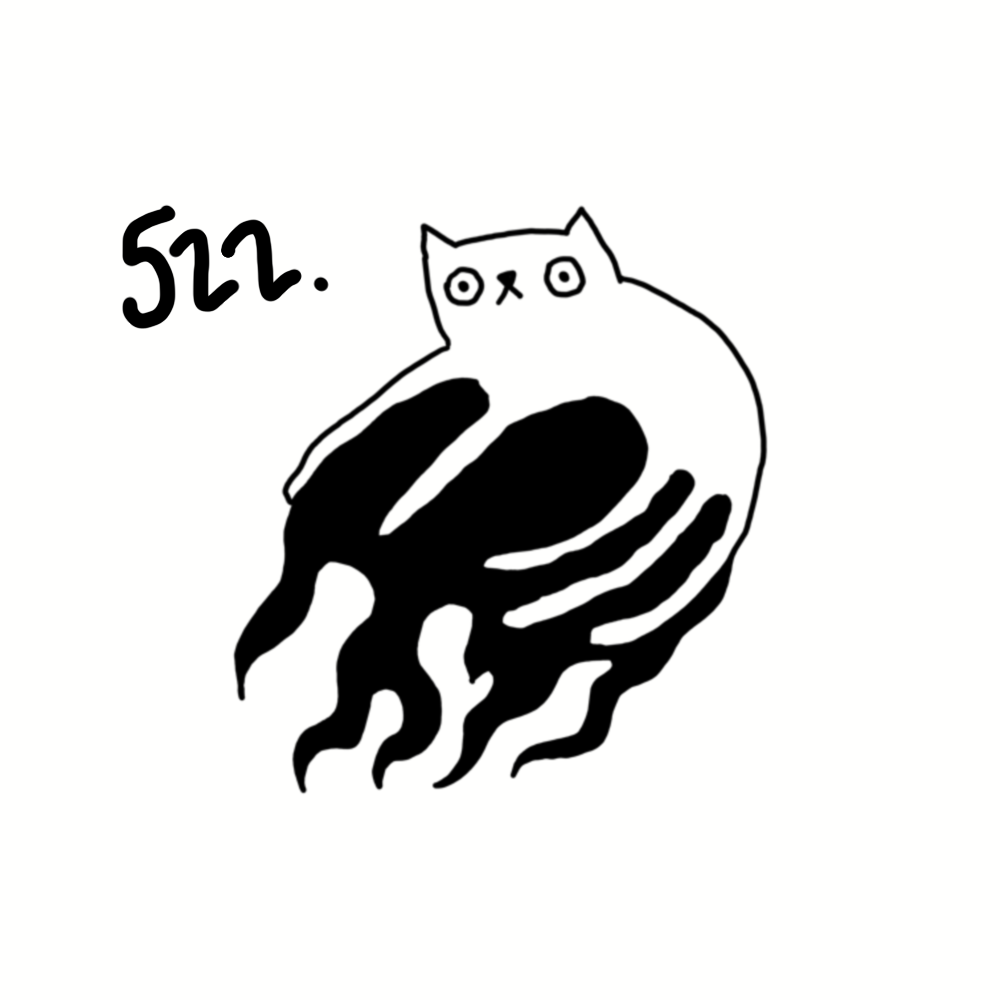 A black and white drawing of a cat's head with tentacle-like appendages, with the number 522 written next to it.