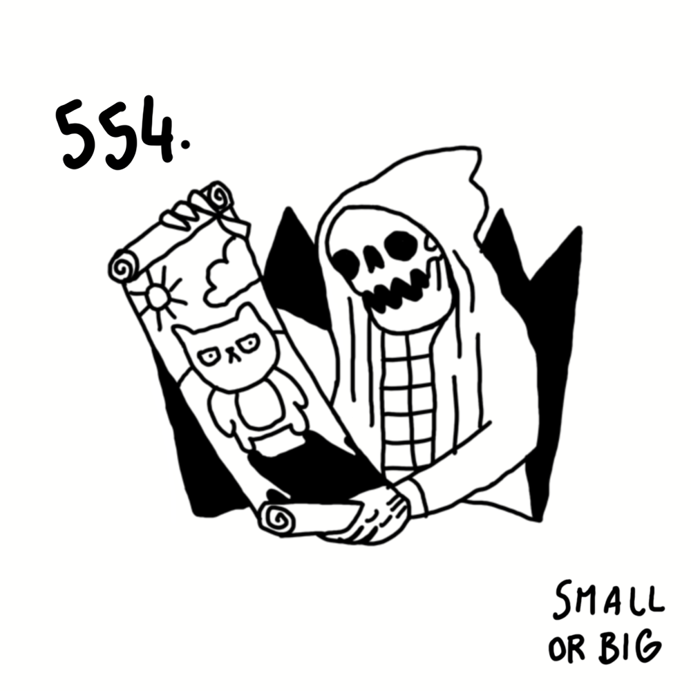 A cartoon skeleton with a hood holding a scroll with a cat, sun, and clouds, with the number 554 written above and the words 'small or big' at the bottom right corner.