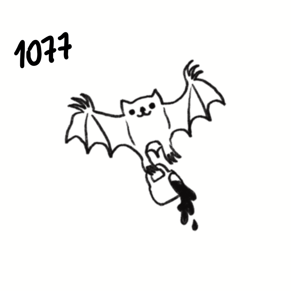 A cute cartoon bat with outstretched wings hangs upside down from a hand, with a small bottle attached to its feet and liquid pouring out.