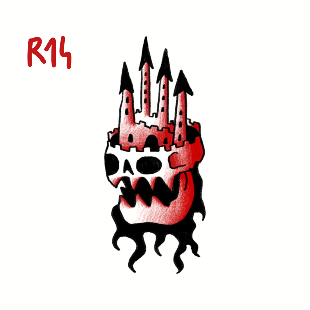 A stylized illustration of a skull with black eye sockets and a wide open mouth. The skull's top transforms into a red castle with four black-tipped towers. The image is marked with the text 'R14' in red in the upper left corner.