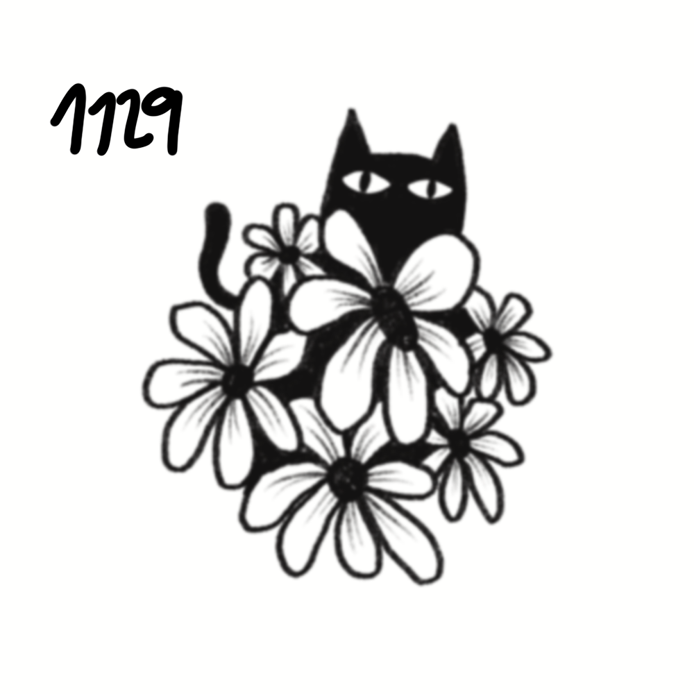 Black cat with yellow eyes surrounded by large flowers and a butterfly in black and white illustration.