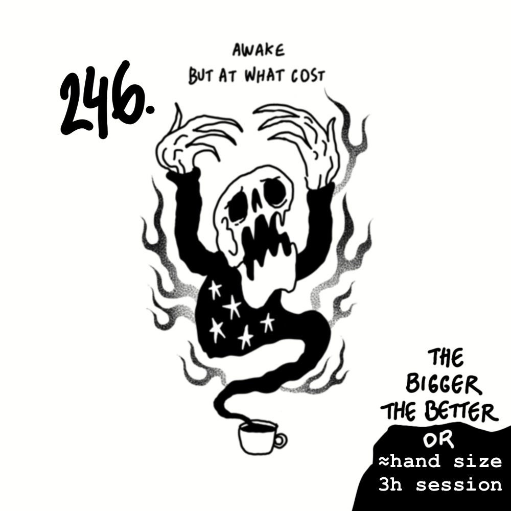 A black and white illustration featuring a skull with hands on its head, surrounded by smoky tendrils. There is a coffee cup at the bottom with steam forming a snake-like shape. Text in the image reads: '246. Awake but at what cost,' and 'The bigger 