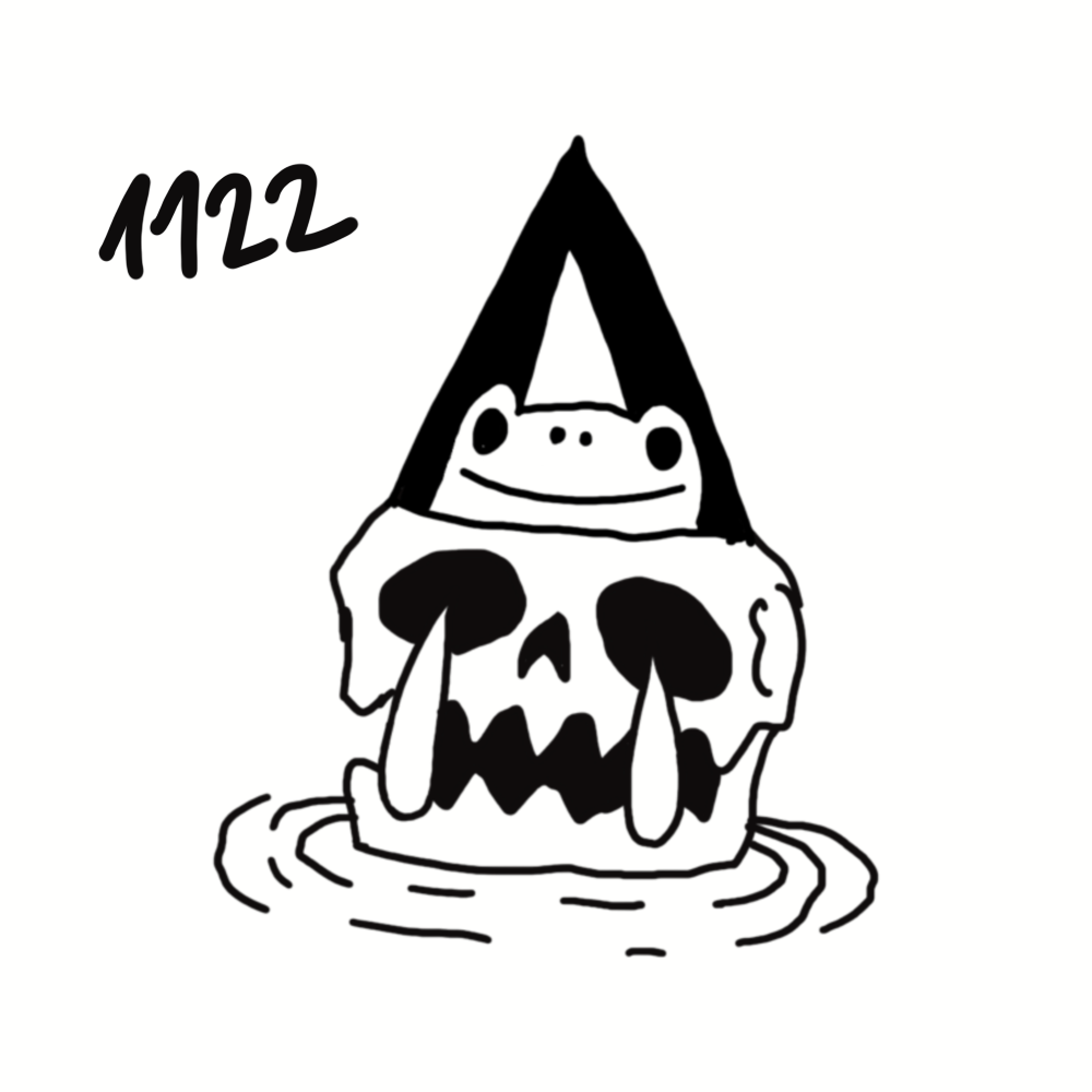 A cartoon frog sitting on a skull shaped raft with a pointed hat, with the number 1122 written above.