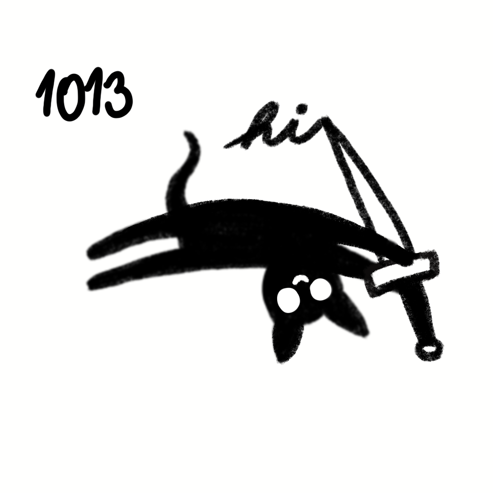 A cartoon illustration of a black cat hanging upside down from a string, with white eyes, and a fishing pole in its paws. The numbers '1013' and the word 'hi' are written on the image.