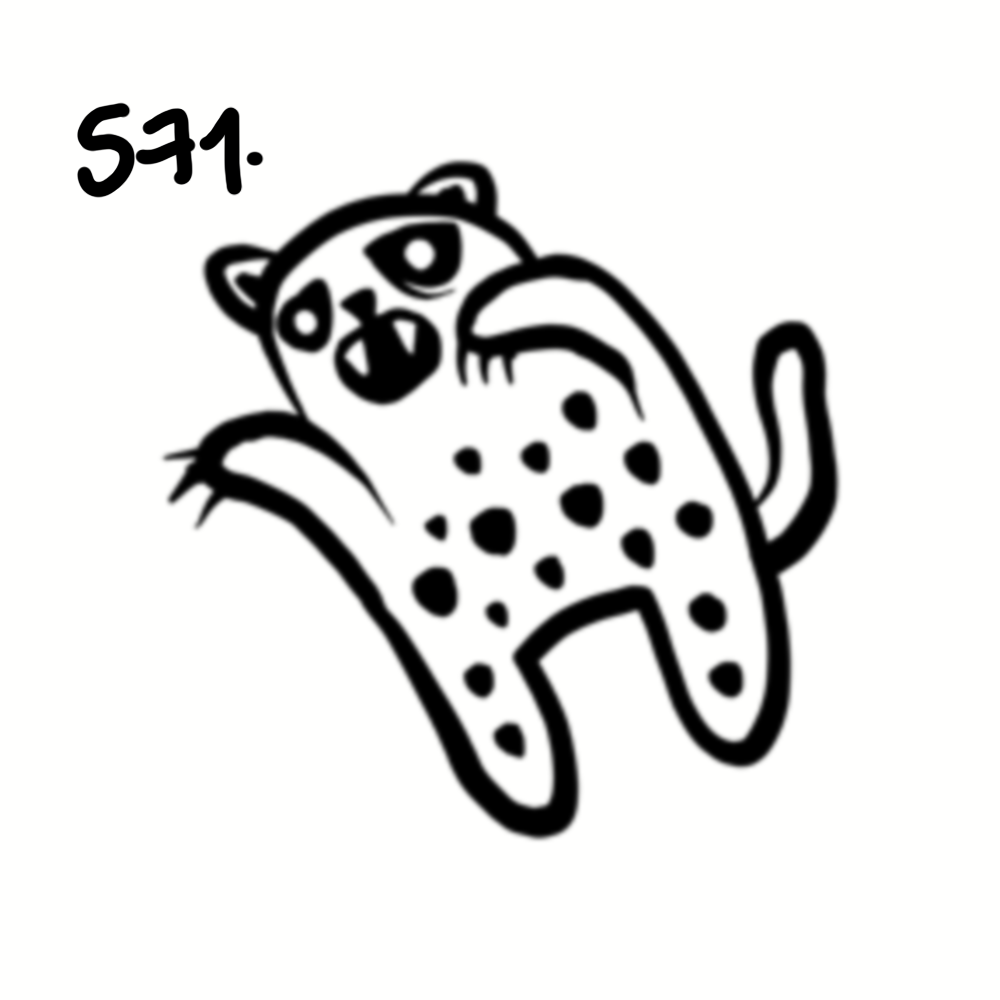Simple black and white drawing of a playful, cartoon-style leopard with spots, standing on its hind legs, waving with one paw, and smiling, with the text '581' near its head.