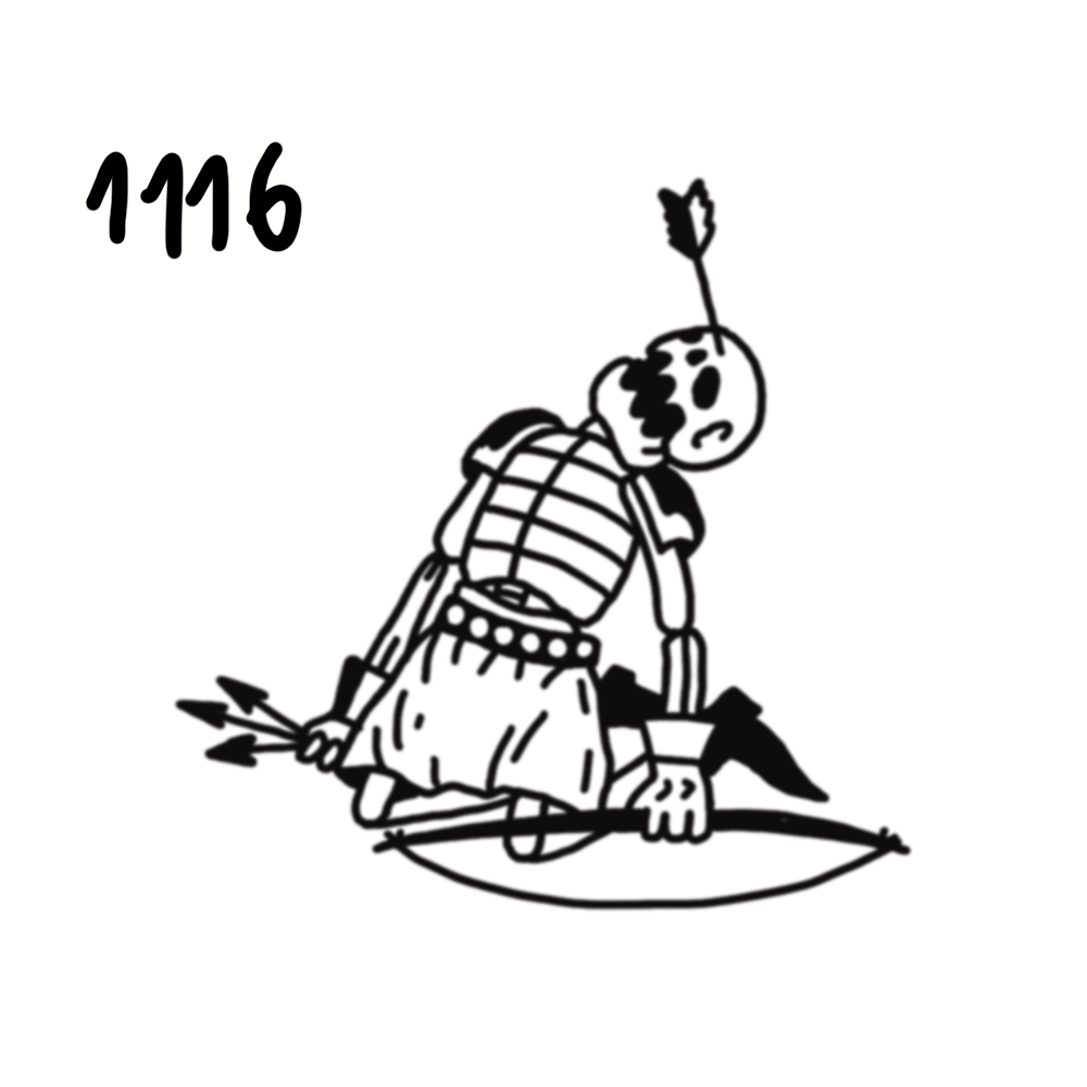 Line drawing of a cartoon skeleton with an arrow on its head, wearing a striped shirt and a skirt, holding a bow and arrows, with the number 1116 in the top left corner.