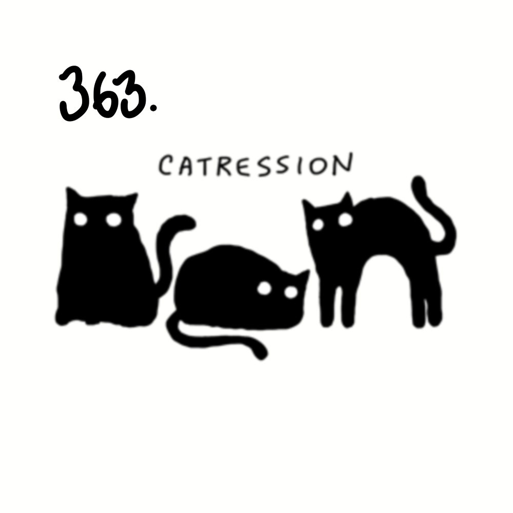 Black silhouettes of three cats with white eyes, numbered 363, with the word "catresson" written above