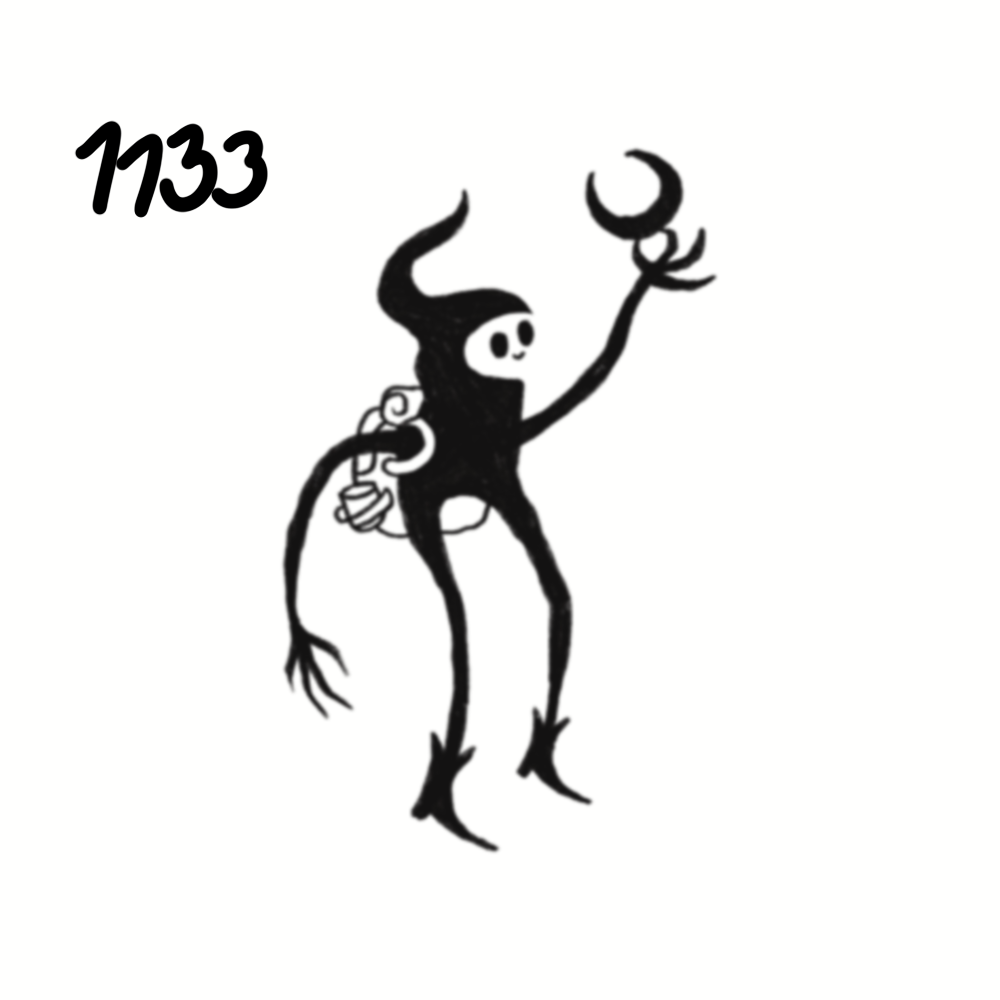 A cartoonish black creature with horns, holding a lantern in one hand and a crescent moon in the other, with the number 1133 written in black in the upper left corner.