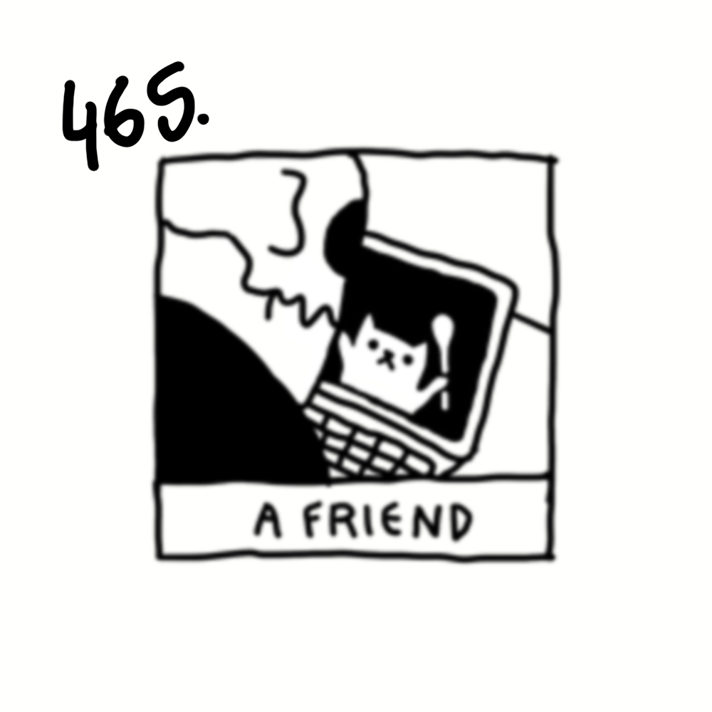 Drawing of a person's shoulder with a phone showing a cat's face on the screen, with a skull and brain illustration nearby, labeled 'A Friend' and numbered 465.
