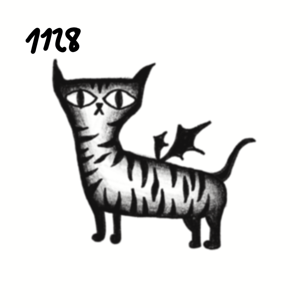 A black and white drawing of a cat with dragon-like wings and a striped body, with the number 1128 in the top left corner.