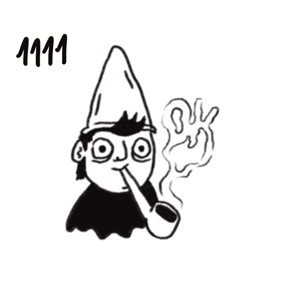 A cartoon gnome wearing a pointed hat, smoking a pipe with smoke forming a face, with the number 1111 in the top left corner.