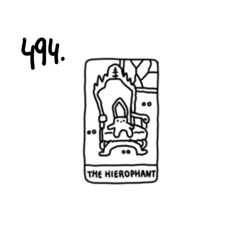 A line drawing of a tarot card labeled "The Hierophant" with the number 494 written above it. The card features a throne with a figure seated, surrounded by abstract shapes and symbols.