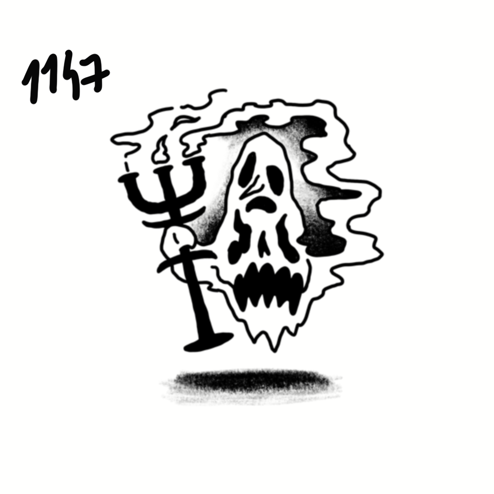 A black and white illustration of a skull with a ghostly, smoky outline, holding a trident with smoke rising around it and the number 1147 written near the top left corner.
