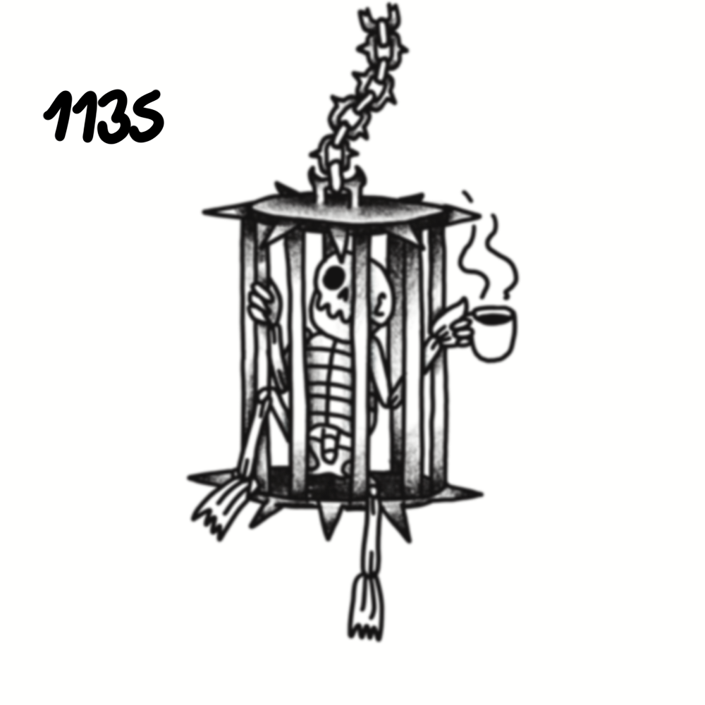 A drawing of a skeleton in a cage hanging from a chain, holding a cup of steaming coffee.