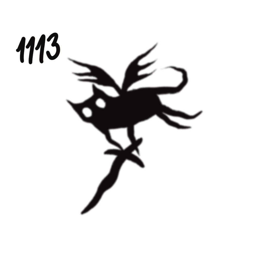 A black silhouette of a fairy with wings sitting on a branch, the number 1113 written above it.